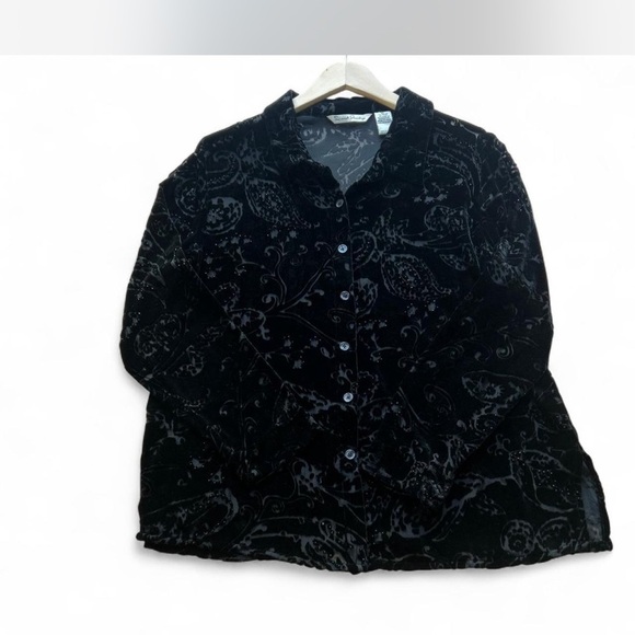 Black Burn Out Floral Velvet Button-up Blouse Silk-blend Long-sleeved XL - Picture 3 of 7